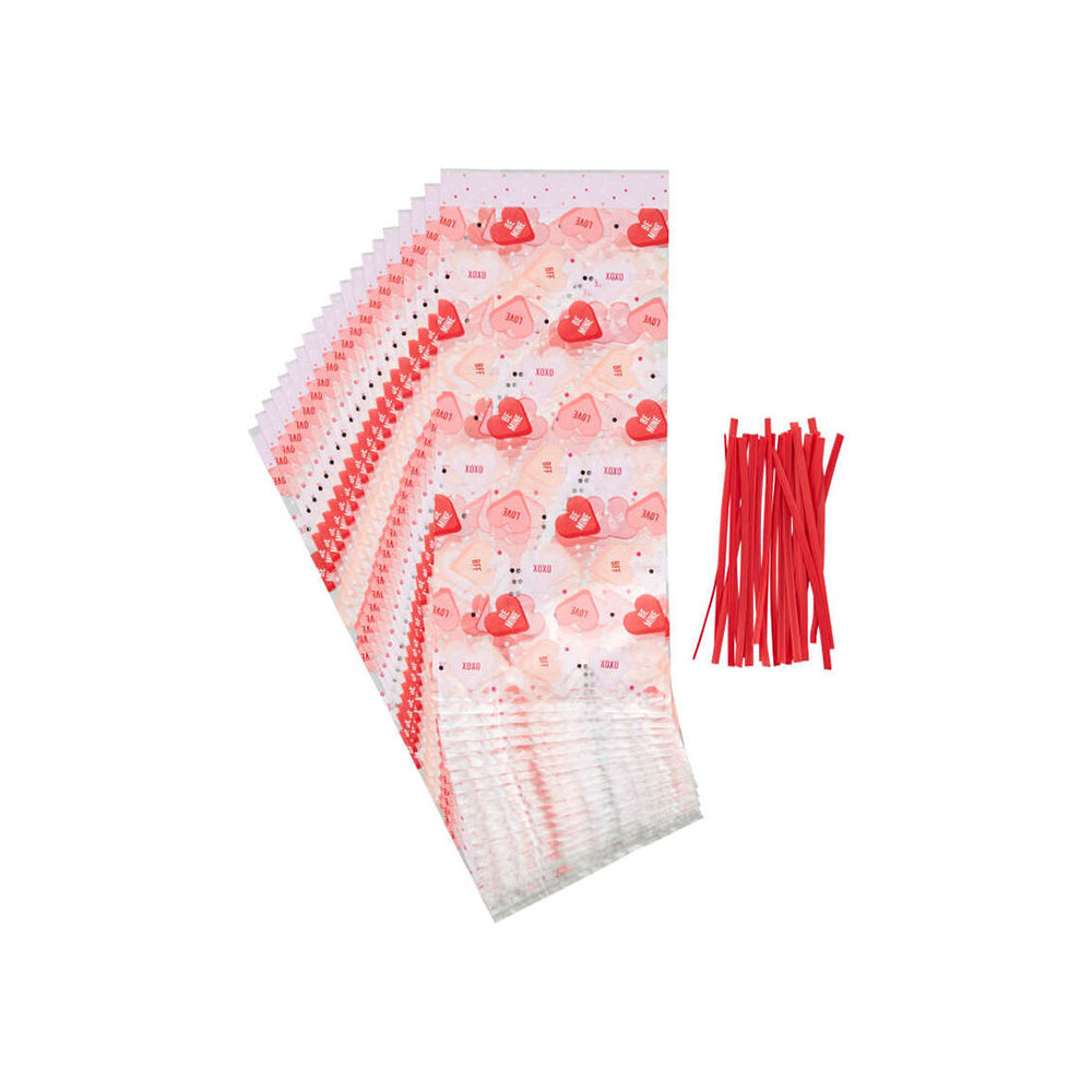 علبة 20 كيس حلى نقشة قلوب حب وعبارات مع أربطة، ويلتون