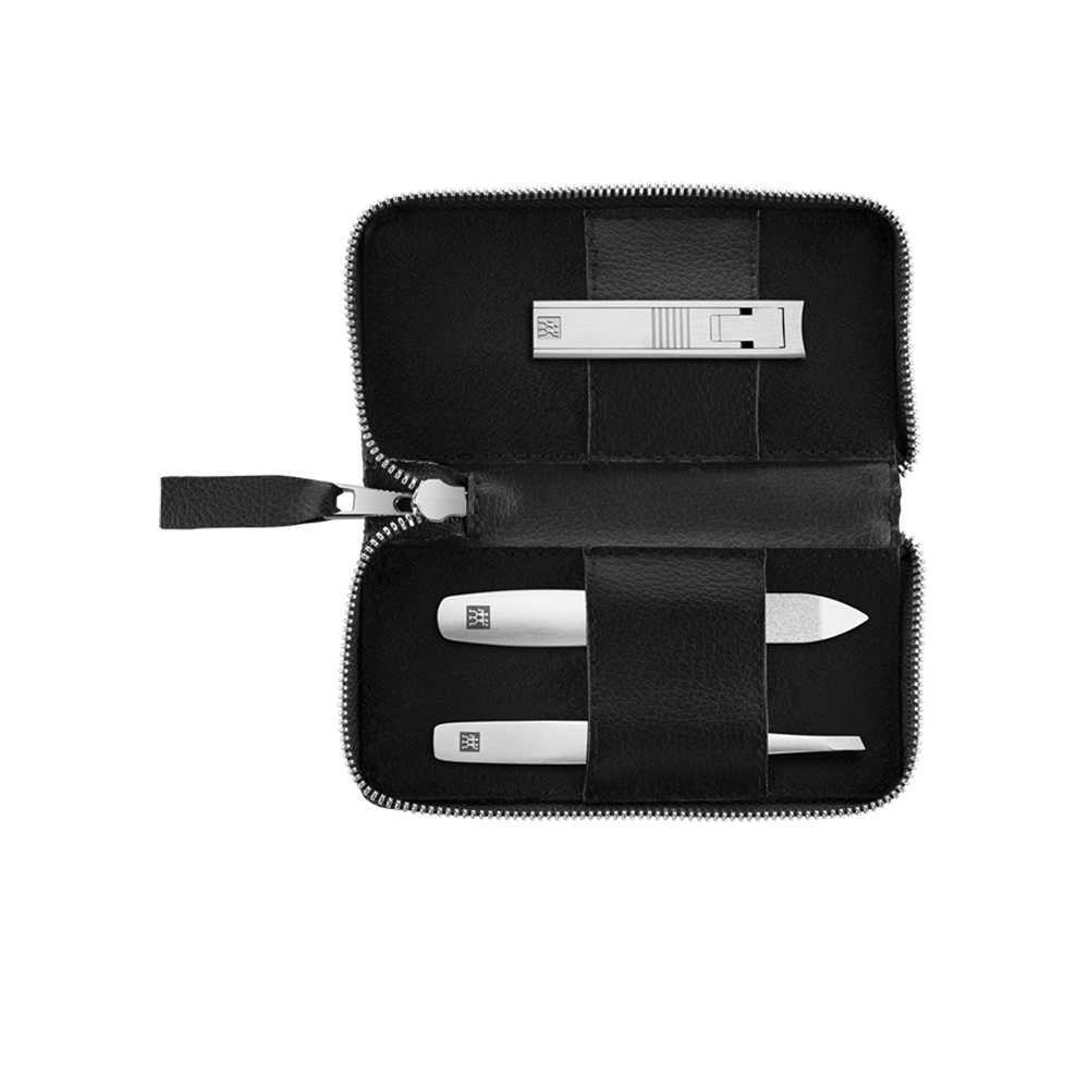 طقم 3 أدوات عناية شخصية أسود بعلبة جلد نباتي بريميوم، زويلينج