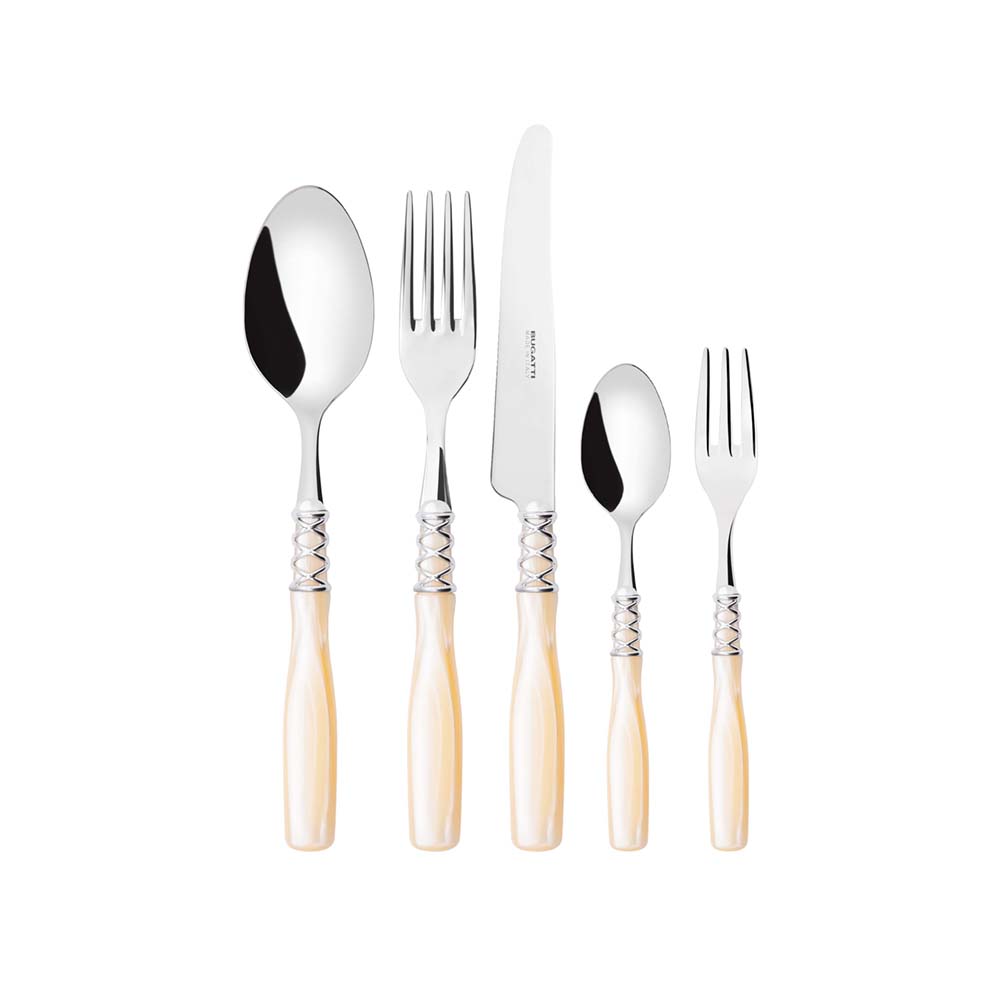 طقم 30 أدوات مائدة بحلقة مطلية كروم، أبيض كريمي، أريانا، بوجاتي