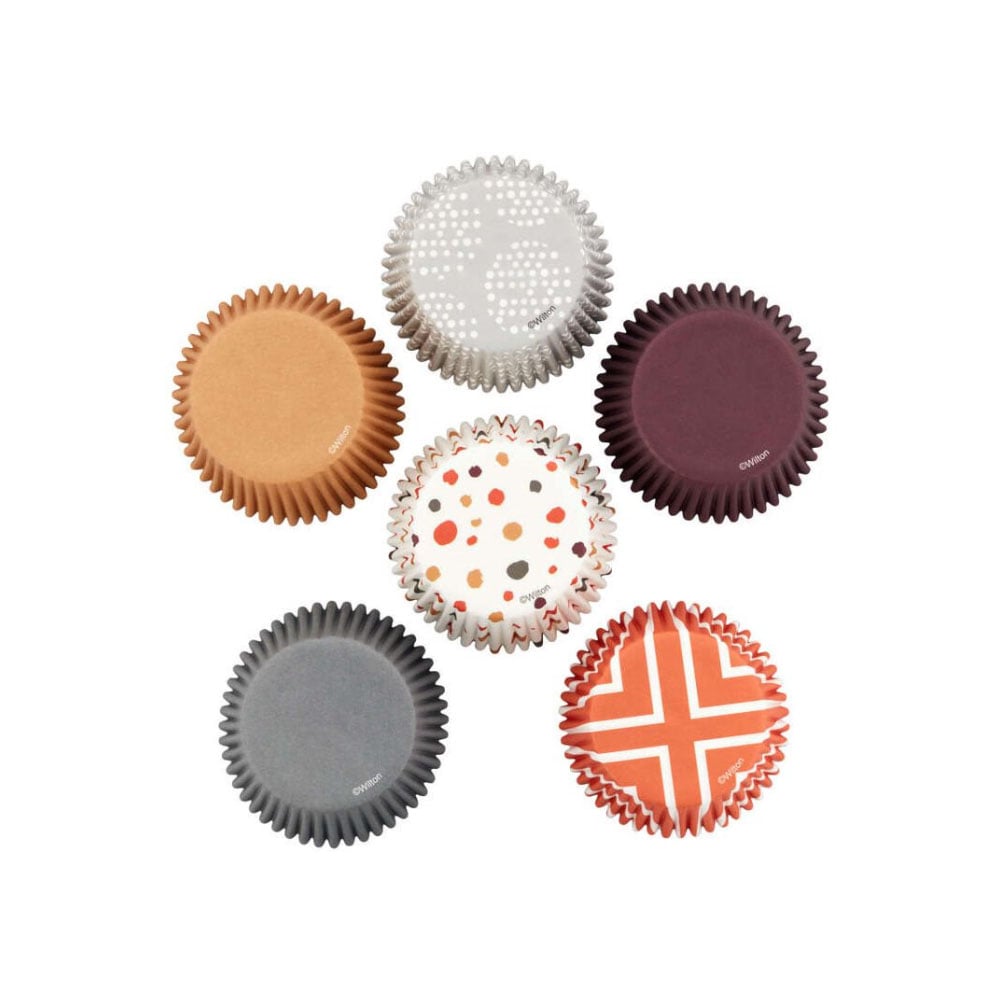 علبة 150 ورقة كب كيك، بني وبرتقالي ورمادي وطبعة سادة، ويلتون