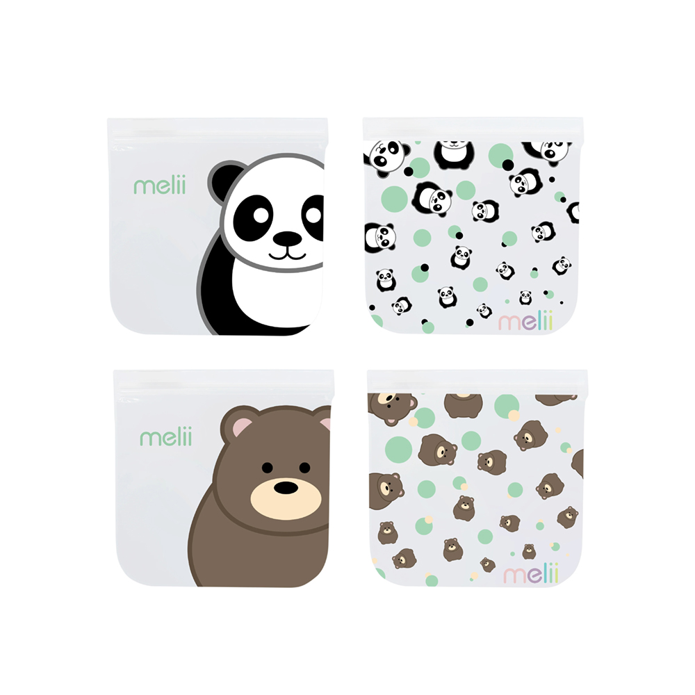 Melii Reusable Snack Bags Panda and Bear, Set of 4