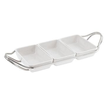Sambonet Living Rectangular Porcelain Tray With 3 Dishes & a Stainless Steel Holder