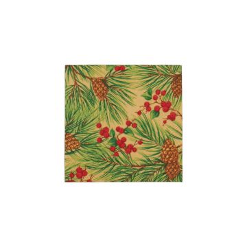 Caspari Evergreen & Berries Gold Cocktail Napkins, Set of 20