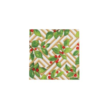 Caspari Holly & Fretwork White Cocktail Napkins, Set of 20