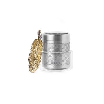 01LIV Cylinder Loose Leaf Tea Infuser with Glass Holder, Gold Feather