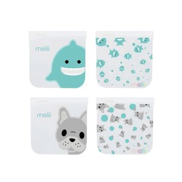 Melii Reusable Snack Bags Bulldog and Shark, Set of 4