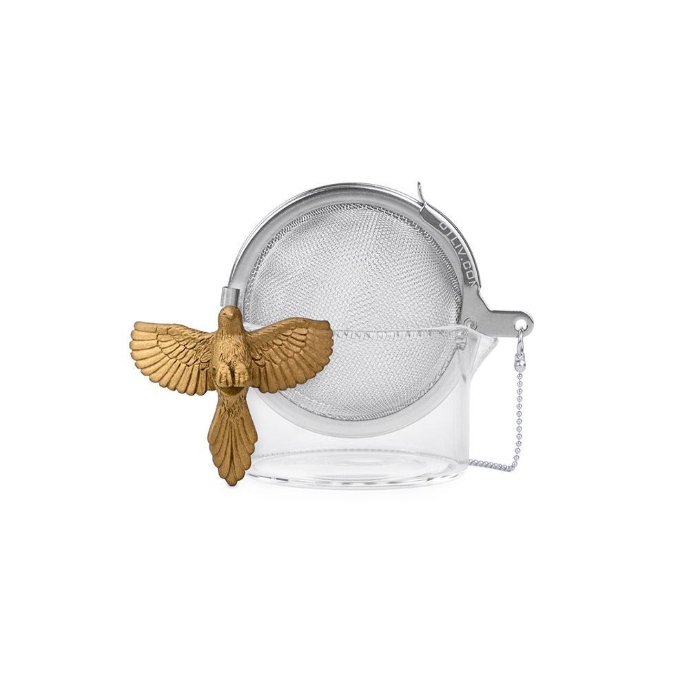 مصفاة شاي مع وعاء زجاجي، حيوان طائر ذهبي، 01 ليف