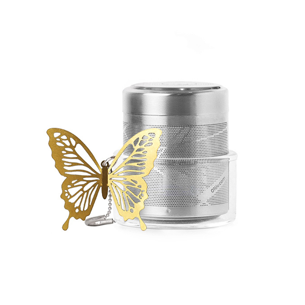 مصفاة شاي اسطوانية مع وعاء زجاجي، فراشة ذهبية، 01 ليف