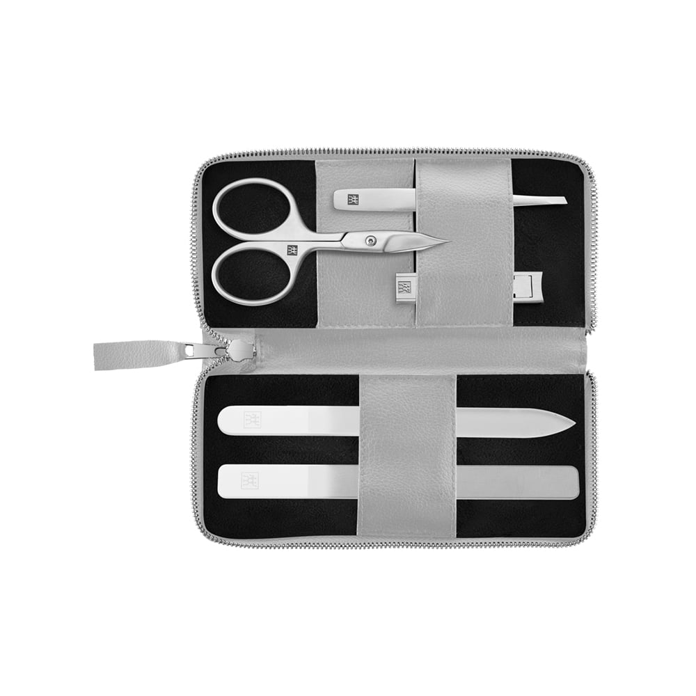 طقم 5 أدوات عناية شخصية رمادي بعلبة جلد نباتي بريميوم، زويلينج