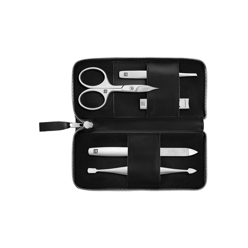 طقم 5 أدوات عناية شخصية أسود بعلبة جلد نباتي بريميوم، زويلينج