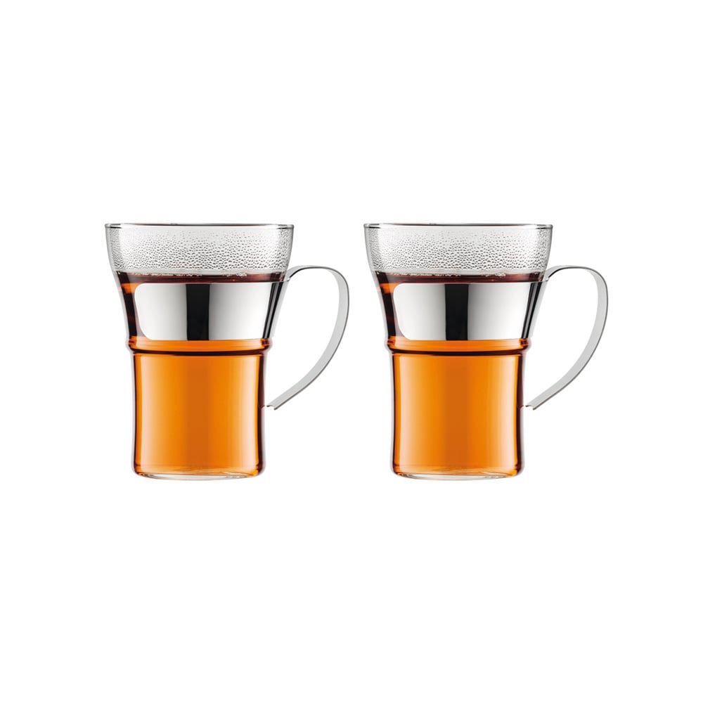 طقم 2 أكواب زجاجية بمقبض ستانلس ستيل، أسام، بودوم