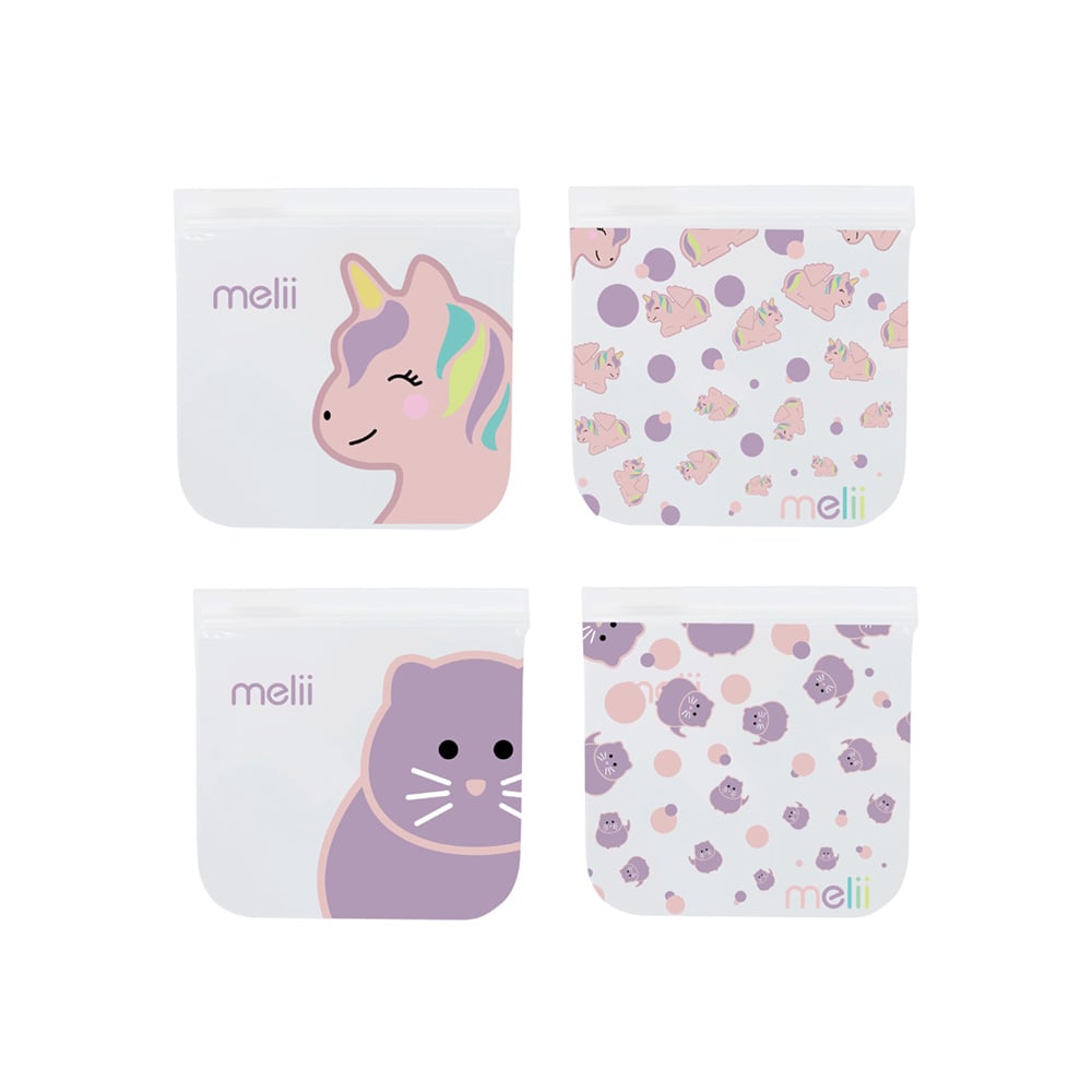 طقم 4 أكياس وجبات خفيفة متكررة الاستخدام نقشة قطة ويونيكورن، ميلي