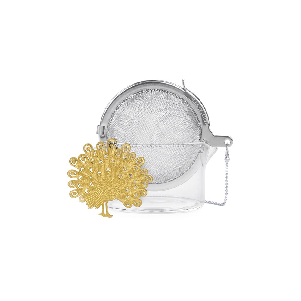 مصفاة شاي مع وعاء زجاجي، طاووس ذهبي، 01 ليف