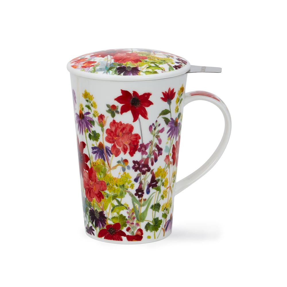 كوب شاي مع مصفاة، أزهار حمراء ووردية صيفية، شتلاند، دونون