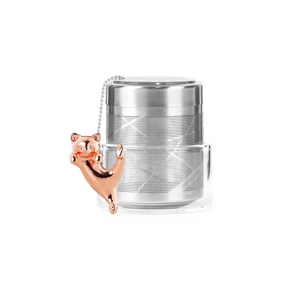 مصفاة شاي اسطوانية مع وعاء زجاجي، قطة ذهبية وردية، 01 ليف