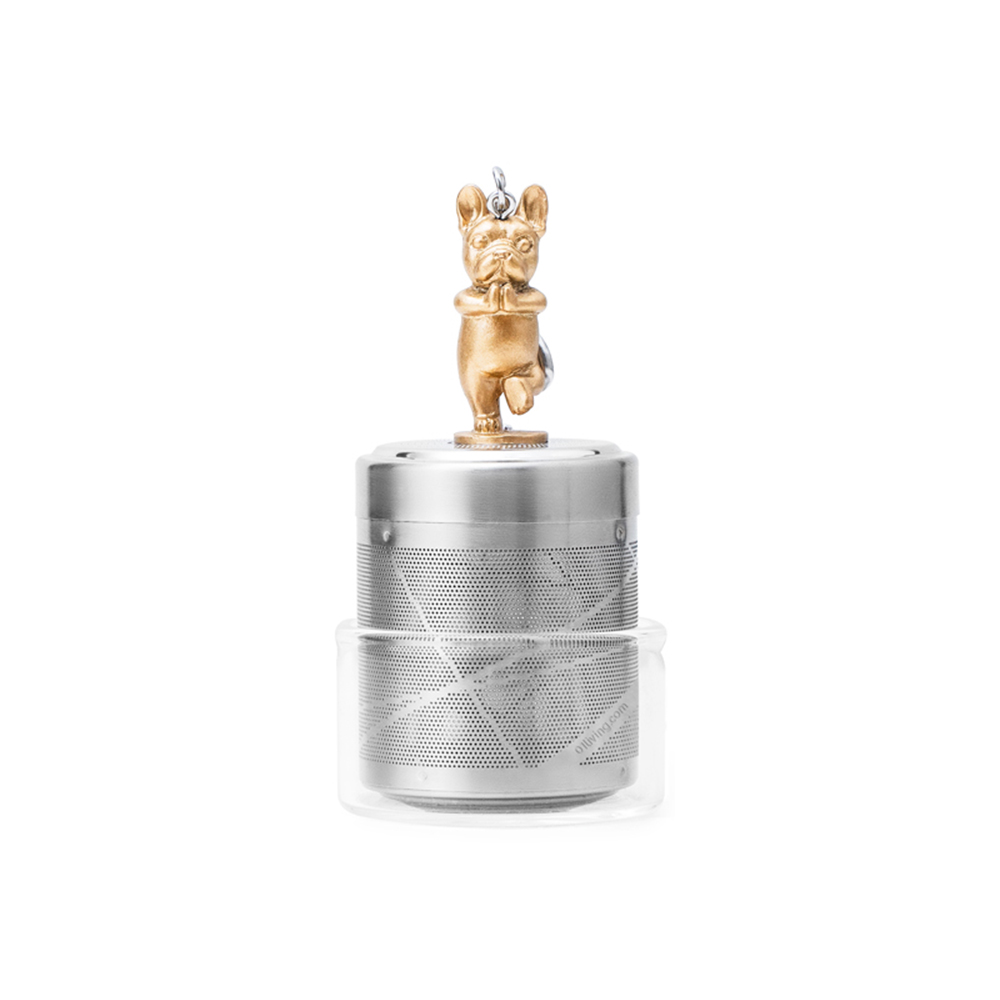 مصفاة شاي اسطوانية مع وعاء زجاجي، كلب يوغا ذهبي، 01 ليف