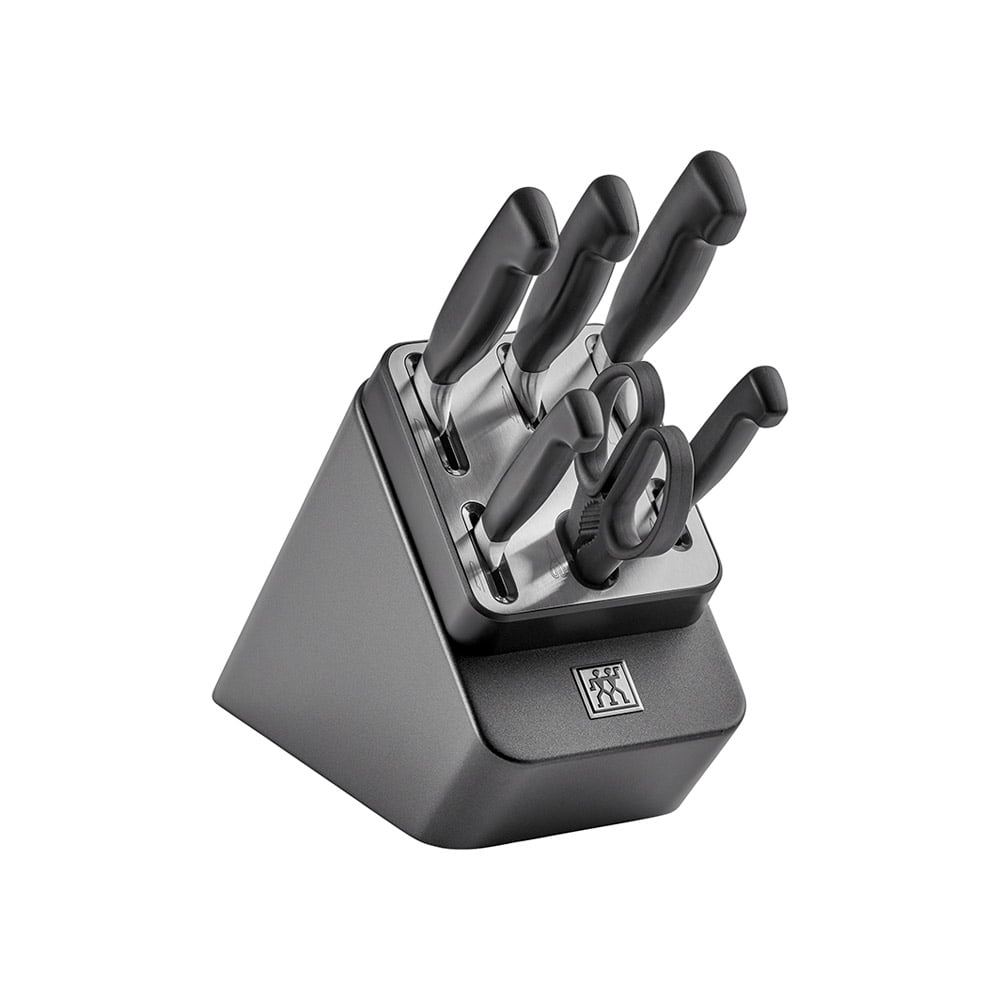 طقم 5 سكاكين مع حاملة مسن ذاتي رمادية ومقص، فور ستار، زويلينج