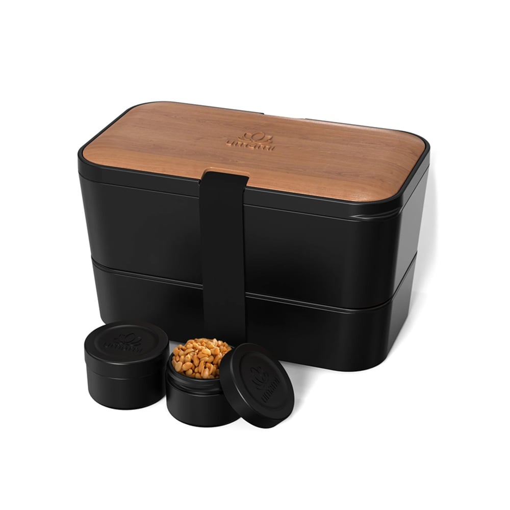 علبة طعام بينتو، 1.5 ليتر، تصميم متداخل، خشب جوز وأسود، أومامي