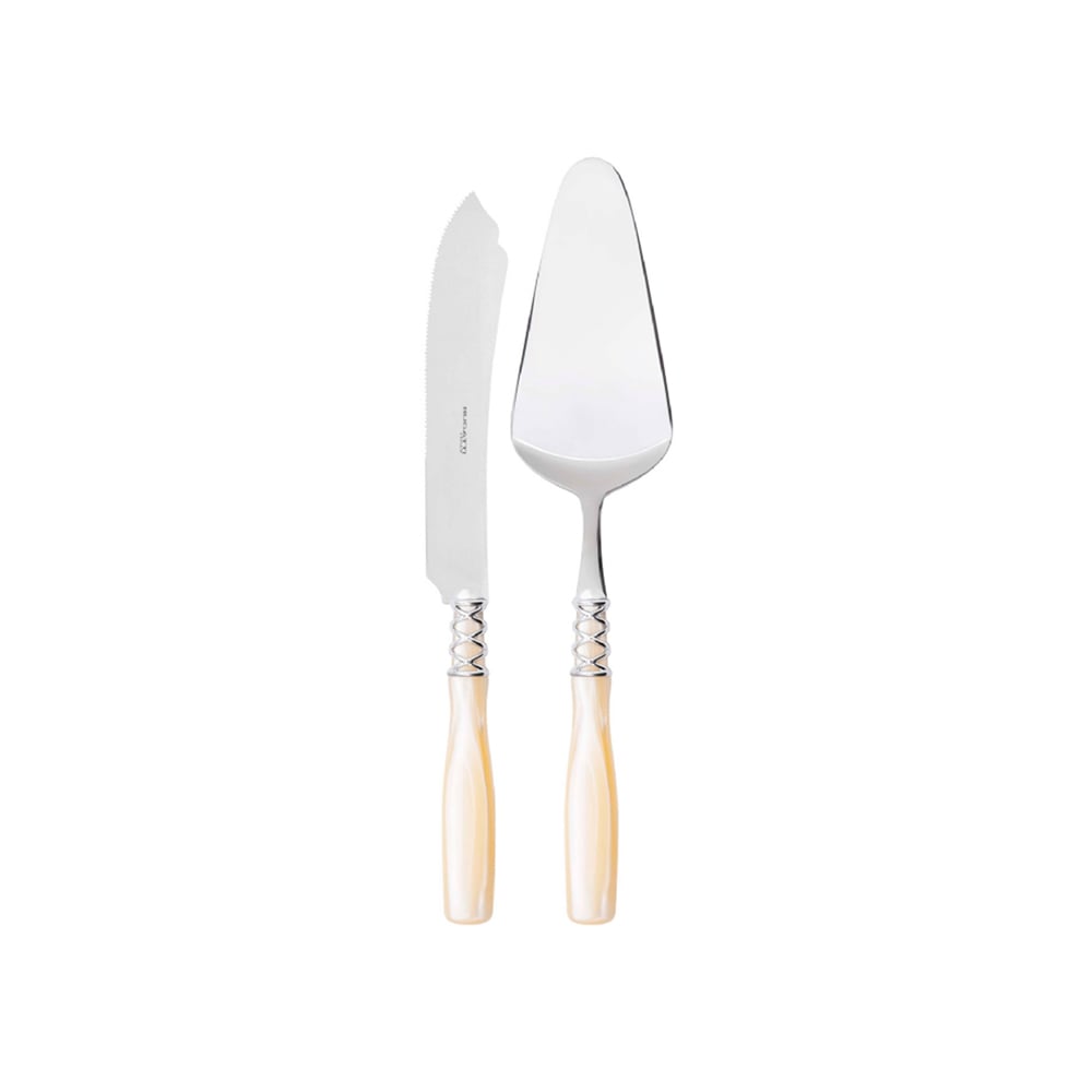 طقم 2 أدوات تقديم كيك بحلقة مطلية كروم، أبيض كريمي، أريانا، بوجاتي