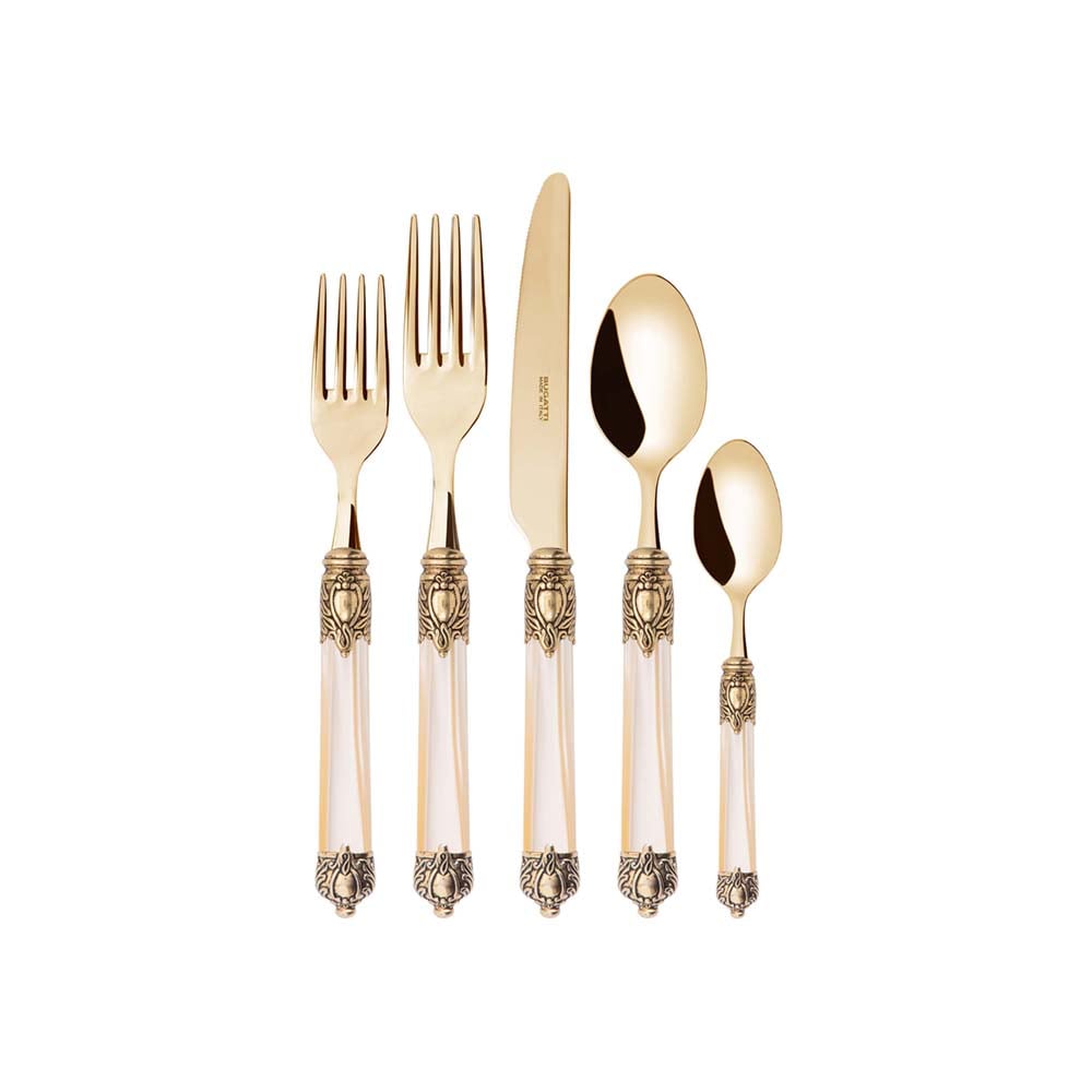 طقم 30 أدوات مائدة ذهبية بمقابض أبيض كريمي، ريناشيمنتو، بوجاتي