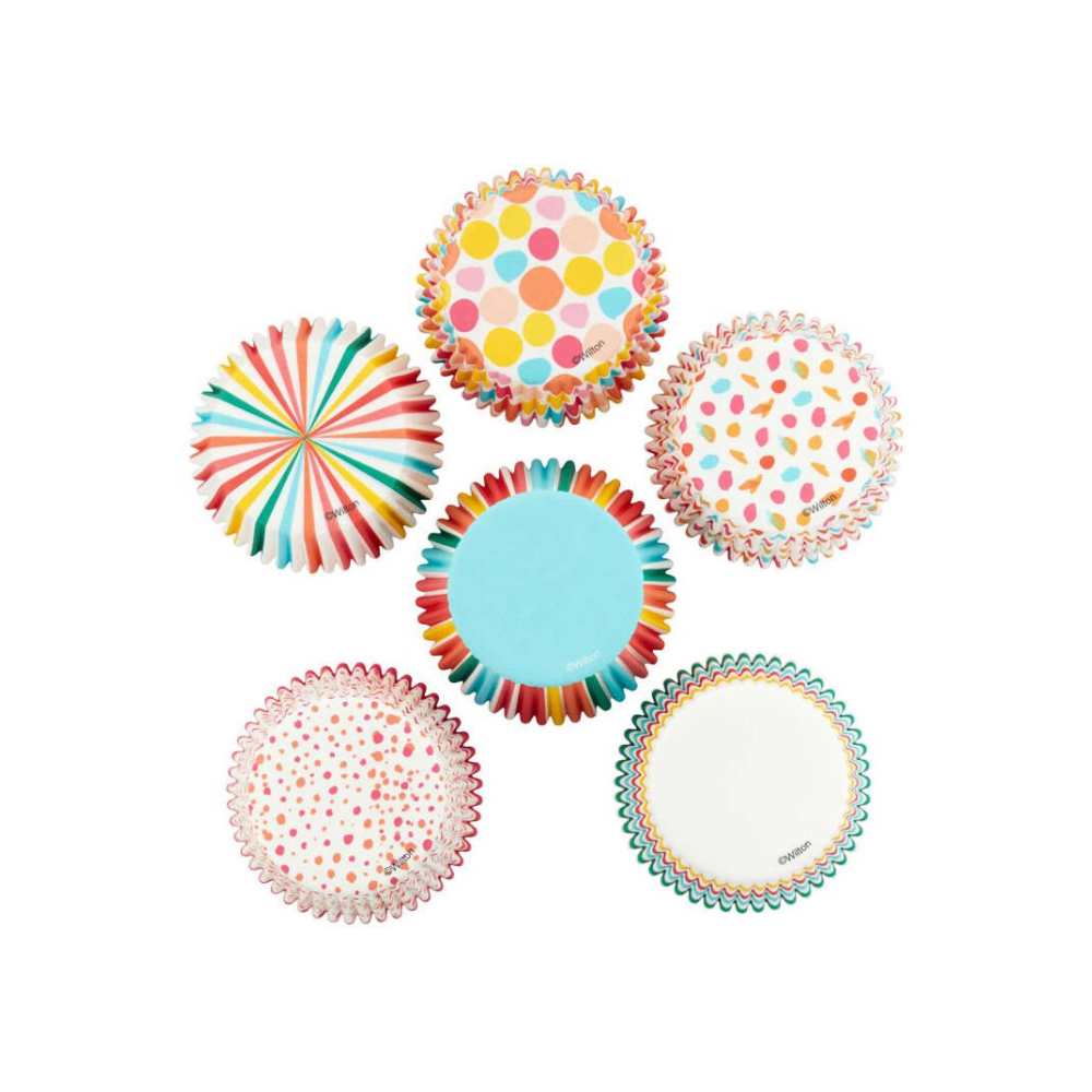 علبة 150 ورقة كب كيك، قوس قزح وبولكا دوتس ومخططة، ويلتون